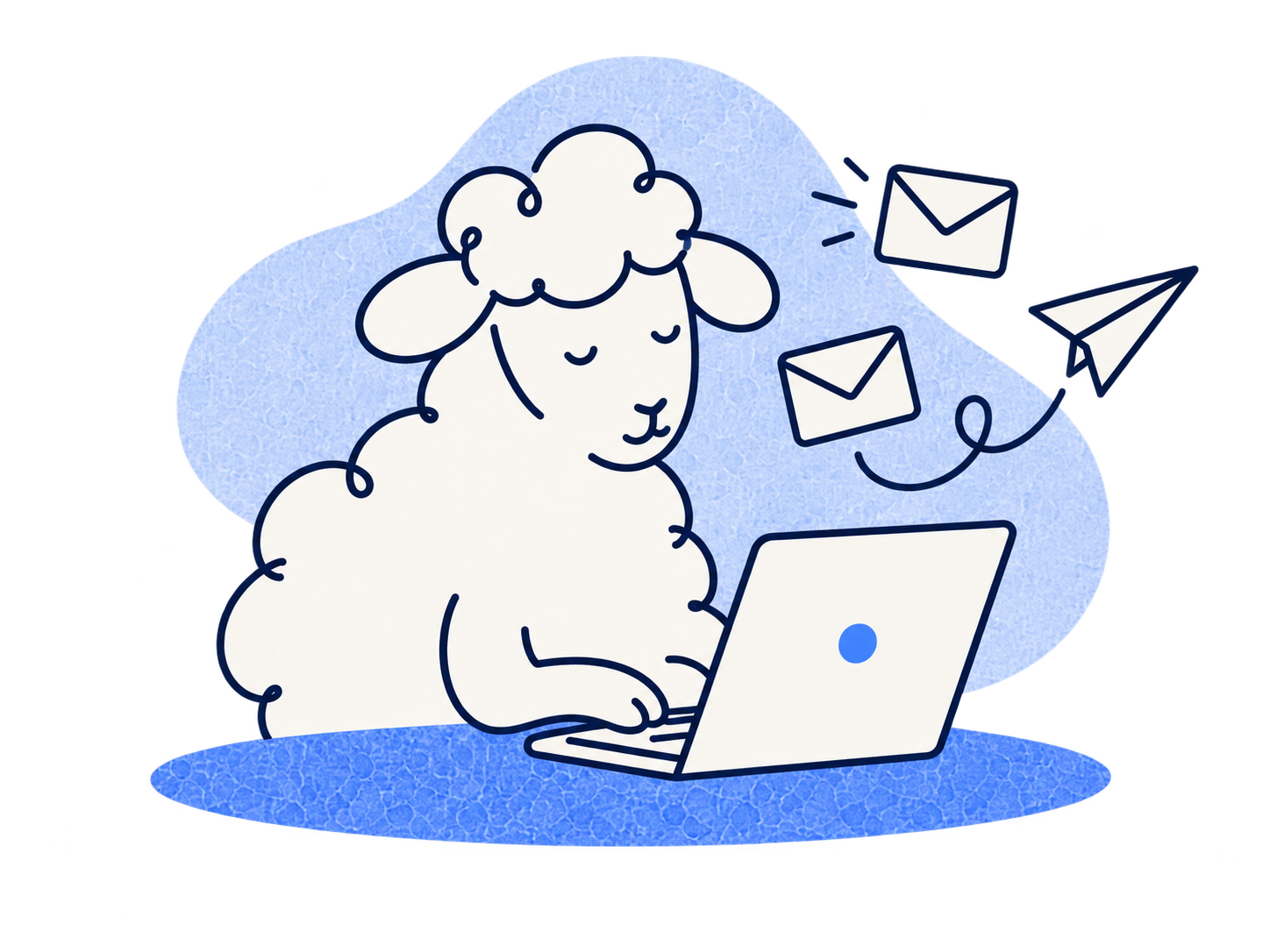 Blue Merino sheep working on a laptop with email icons