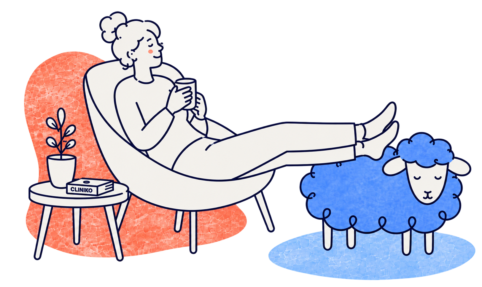 A practitioner relaxing with their feet resting on the Blue Merino sheep.