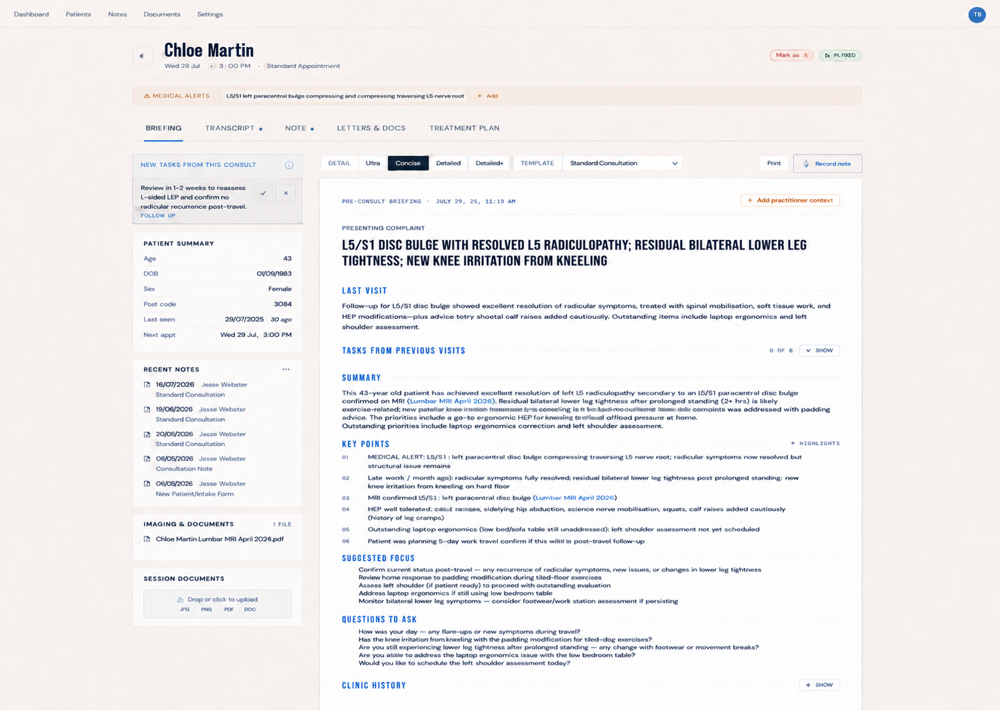 A patient brief opened from an appointment, showing the current presentation, patient summary, previous visits and attached records.