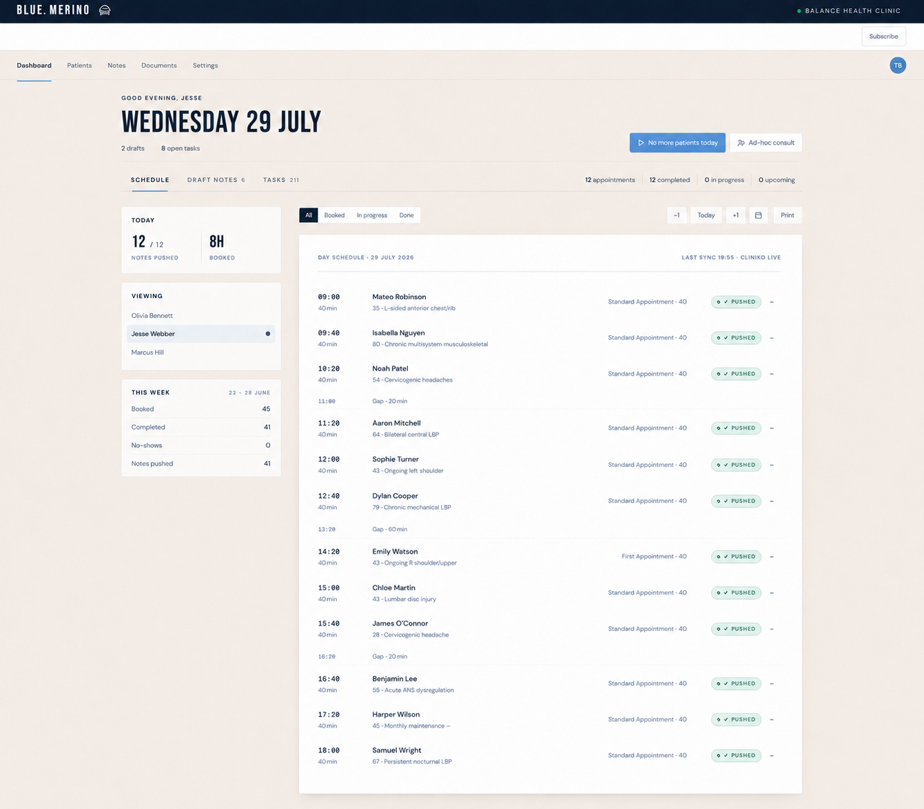 The Blue Merino dashboard showing a clinic day schedule, with each appointment listed alongside its patient and status.